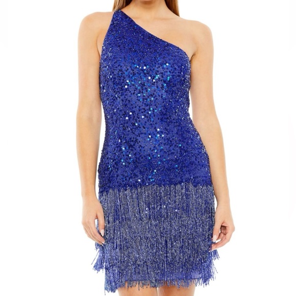 NWT MAC DUGGAL One Shoulder Beaded Minidress Blue Sequin Dress fringe flapper